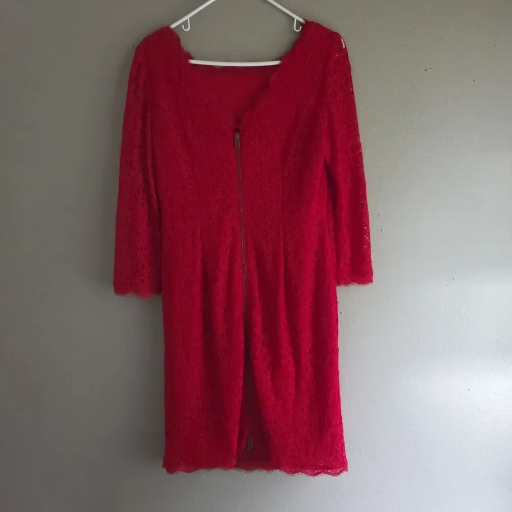 Cache Red Lace Midi Sheath Dress Size 10 Cocktail Party Eyelash Trim Full Zip